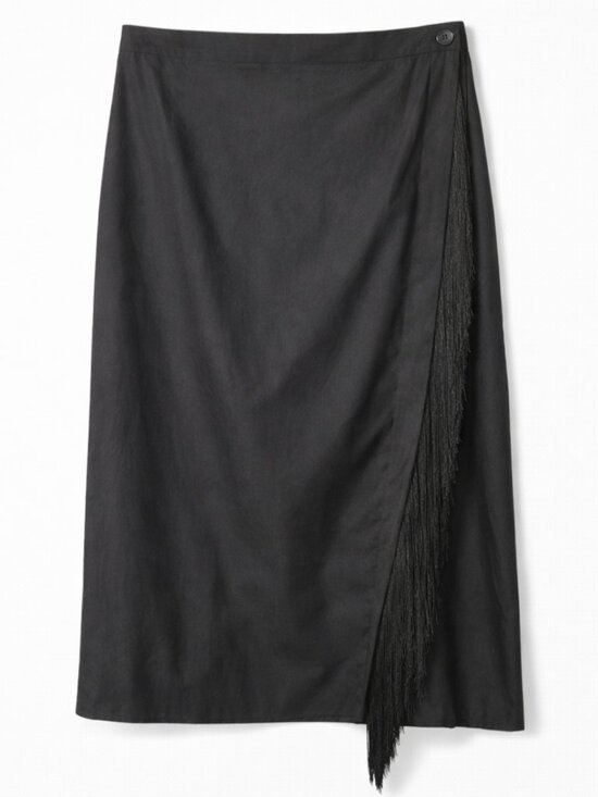 Le Petit Trou Women's Fringe Midi Wrap Skirt Size L Statement Black Whimsigoth